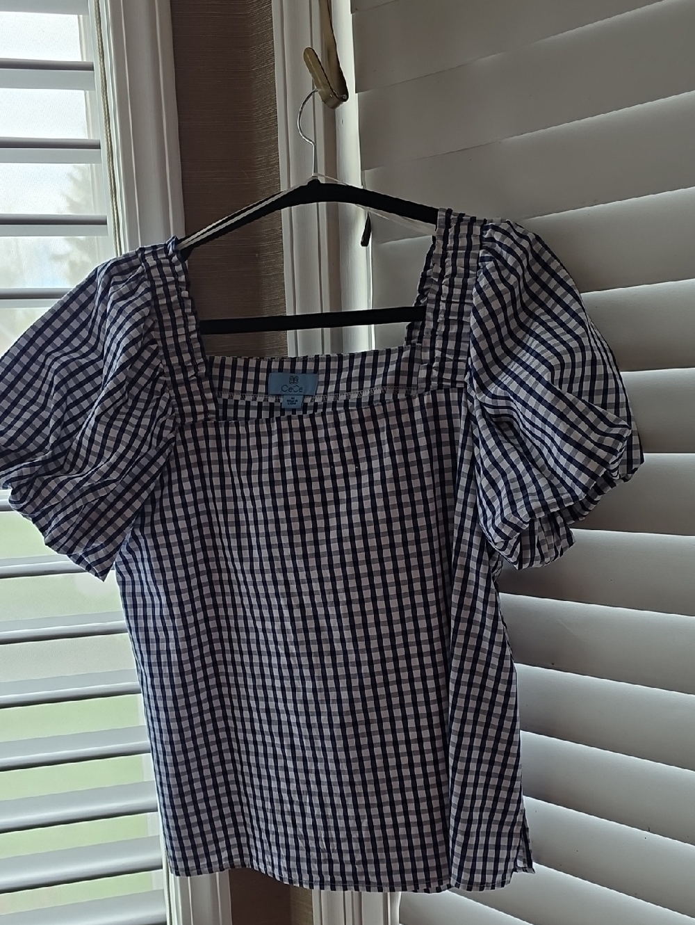 CeCe Blue and White Gingham Puff Sleeve Top